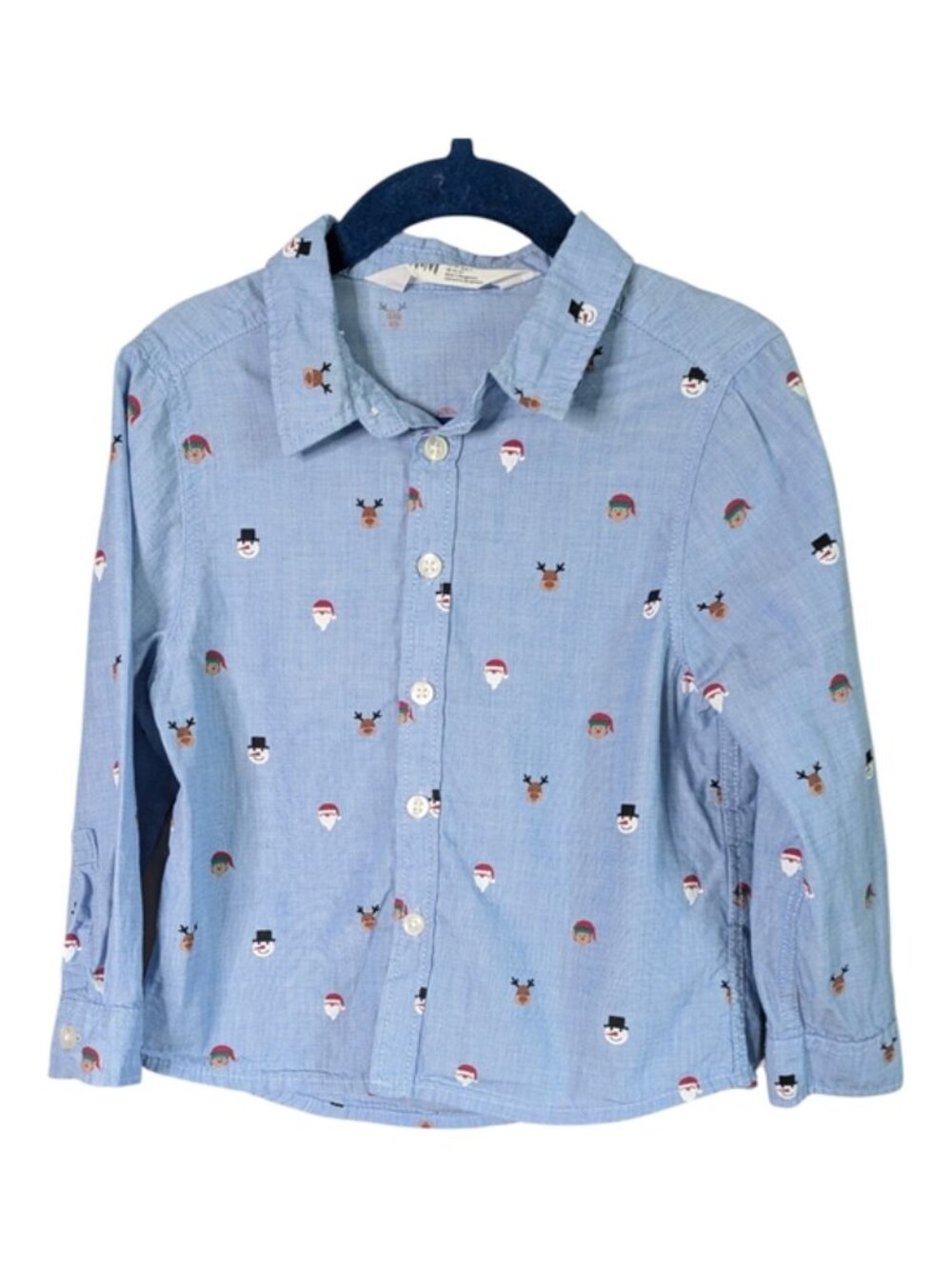 H&M Blue Button Down Christmas Theme Long Sleeve Shirt Size 2T